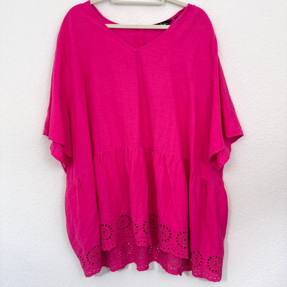 Ulla Popken Womens Blouse Top Size 28 / 30 Eyelet Lace Linen Blend Bright Pink